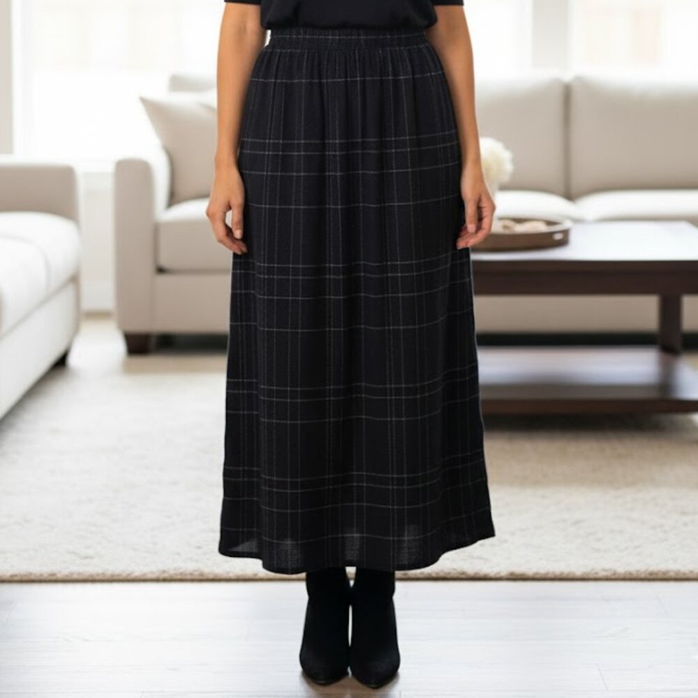 NWT Linden Hill sz medium maxi skirt black/blue/white plaid